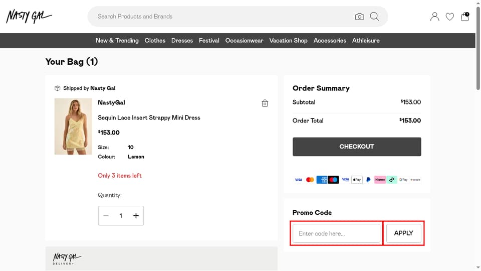 Nasty Gal checkout page showing the Enter code here... field and Apply button