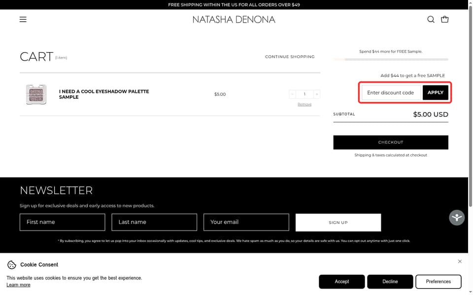 Natasha Denona checkout page showing the Enter discount code field and APPLY button
