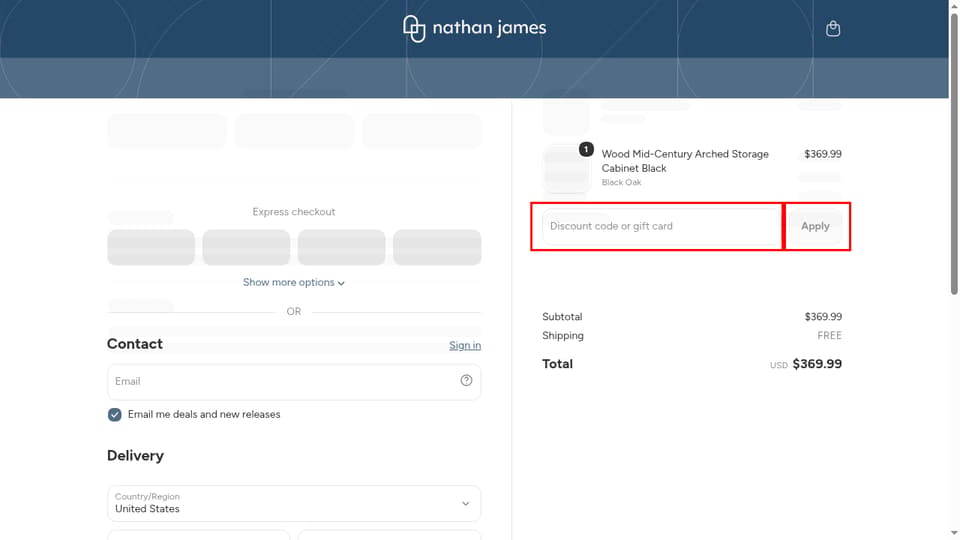 Nathan James checkout page showing the Discount code or gift card field and Apply button