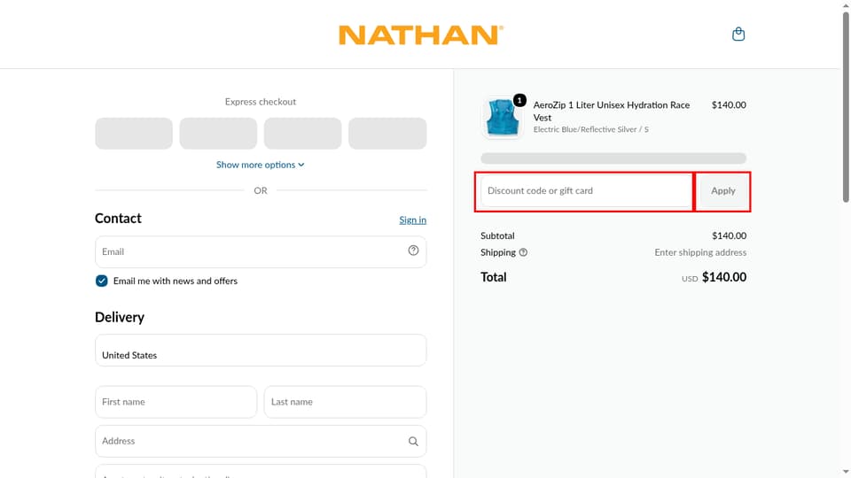 Nathan Sports checkout page showing the Discount code or gift card field and Apply button