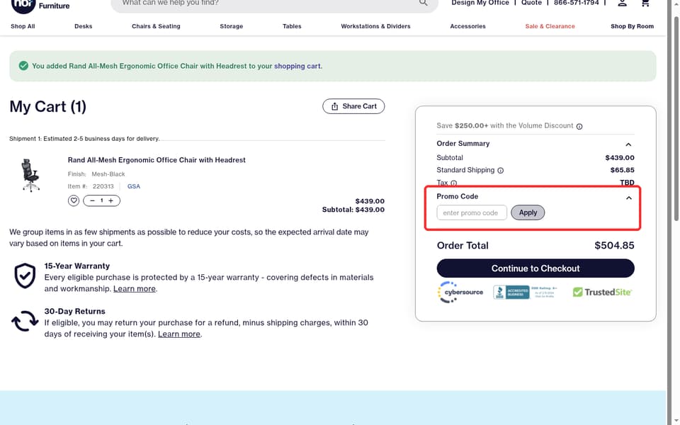 National Business Furniture checkout page showing the enter promo code field and Apply button
