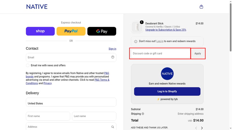 Native checkout page showing the Discount code or gift card field and Apply button