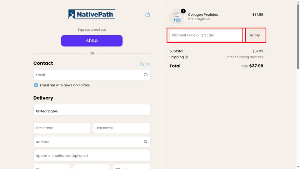 NativePath checkout page showing the Discount code or gift card field and Apply button