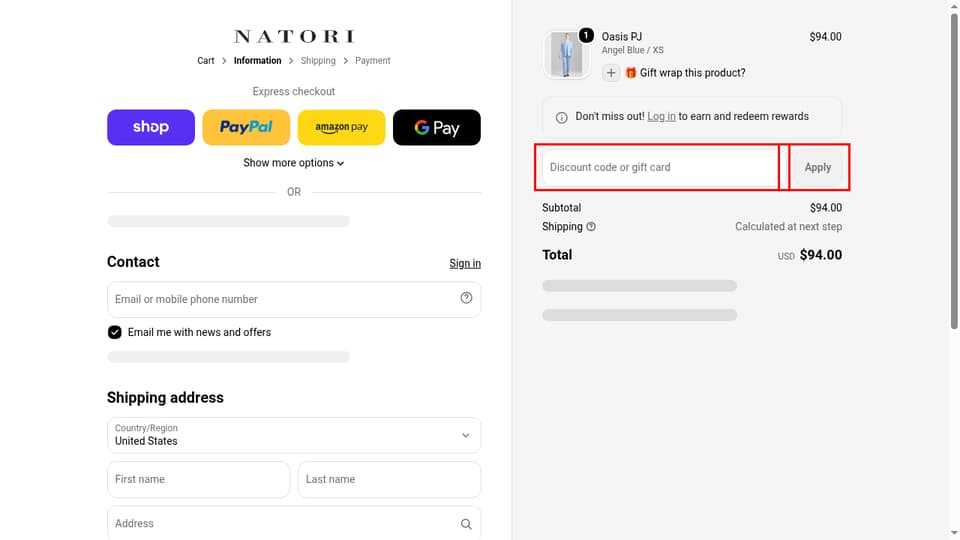 Natori checkout page showing the Discount code or gift card field and Apply button