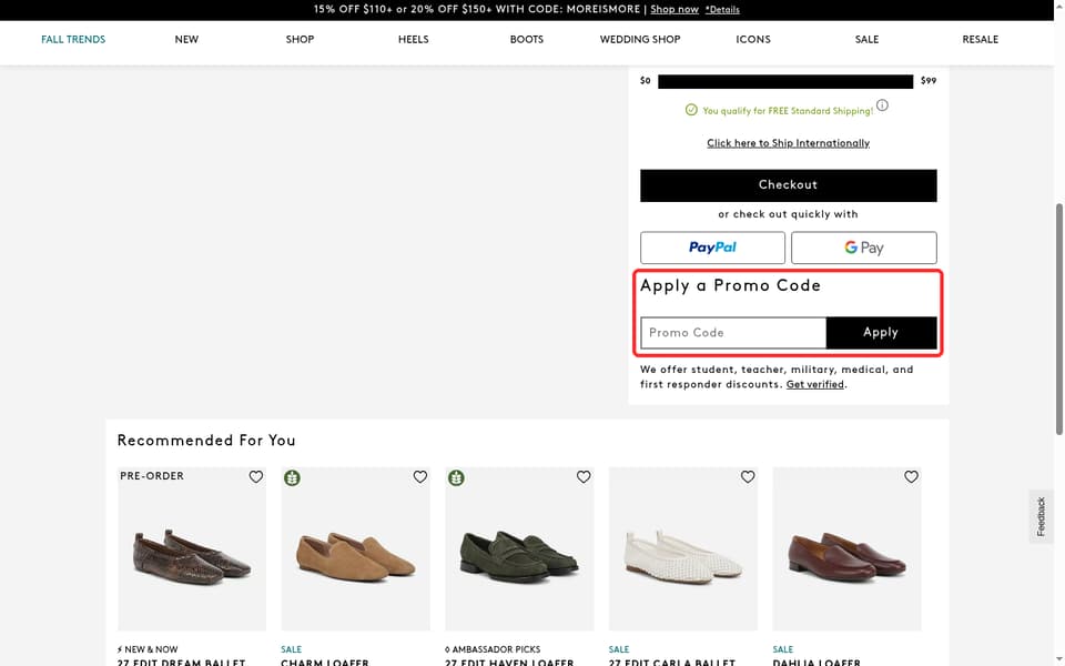Naturalizer checkout page showing the Promo Code field and Apply button