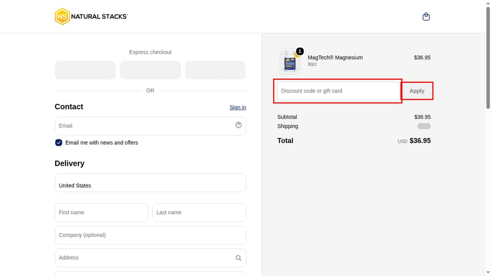 Natural Stacks checkout page showing the Discount code or gift card field and Apply button