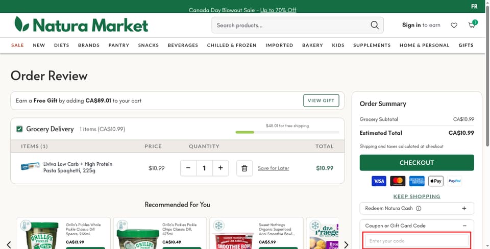 Natura Market checkout page showing the Coupon or Gift Card Code field and Apply button