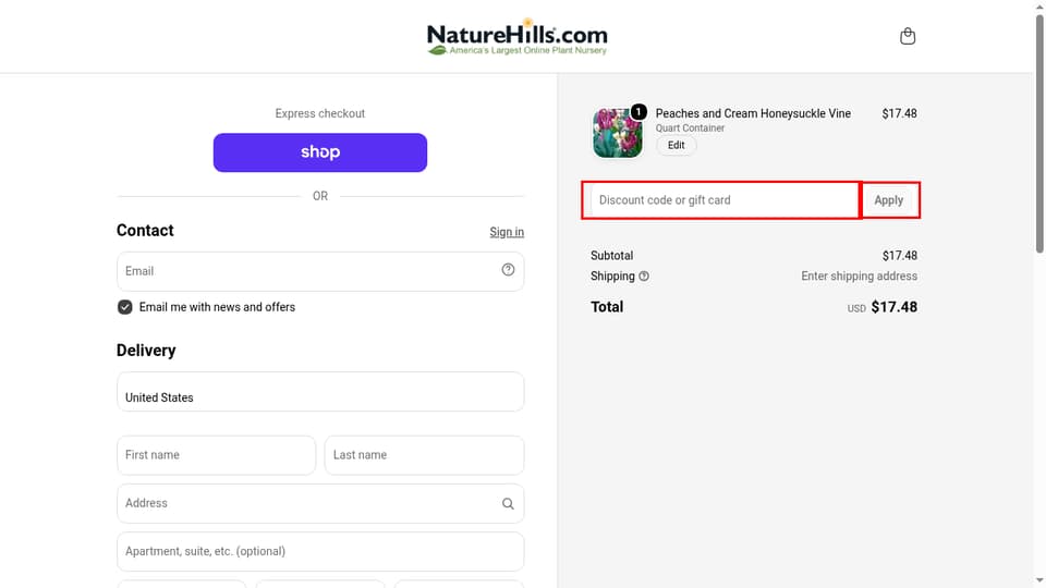 Nature Hills Nursery checkout page showing the Discount code or gift card field and Apply button