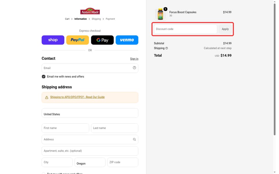 Nature Made checkout page showing the Discount code field and Apply button