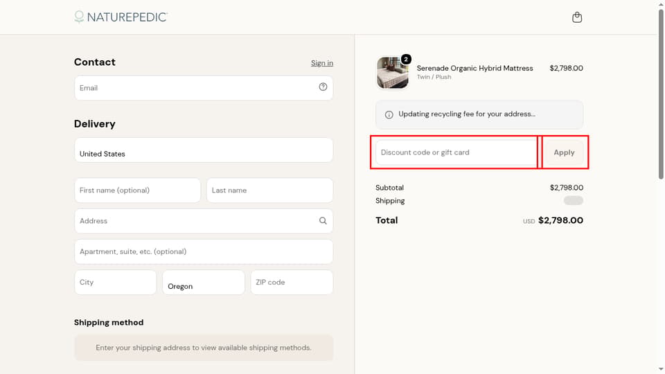 Naturepedic checkout page showing the Discount code or gift card field and Apply button