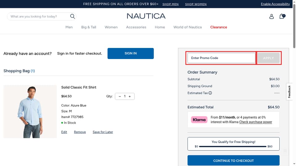 Nautica checkout page showing the Enter Promo Code field and Apply button