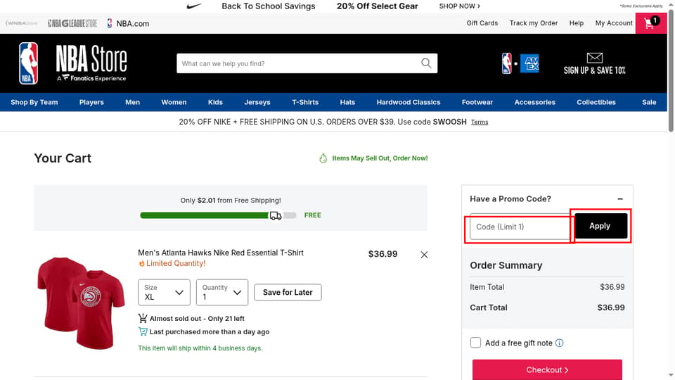NBA checkout page showing the Code (Limit 1) field and Apply button