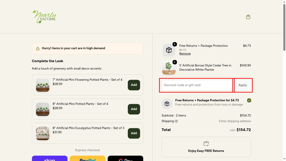 Nearly Natural checkout page showing the Discount code or gift card field and Apply button