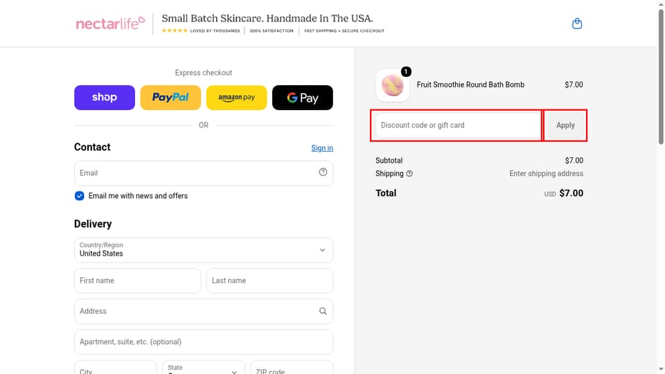 Nectarlife checkout page showing the Discount code or gift card field and Apply button