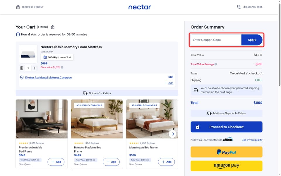 Nectar Sleep checkout page showing the Enter Coupon Code field and Apply button