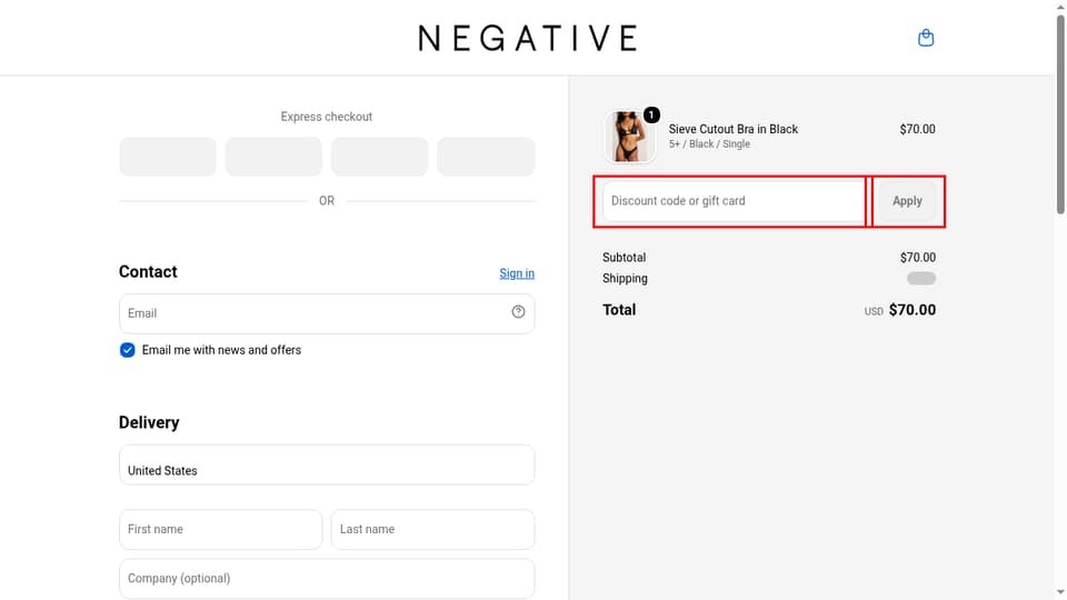 Negative Underwear checkout page showing the Discount code or gift card field and Apply button