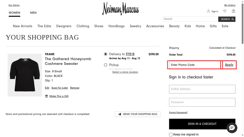 Neiman Marcus checkout page showing the Enter Promo Code field and Apply button