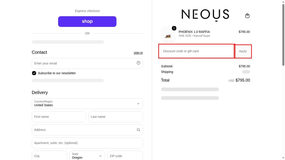 NEOUS checkout page showing the Discount code or gift card field and Apply button