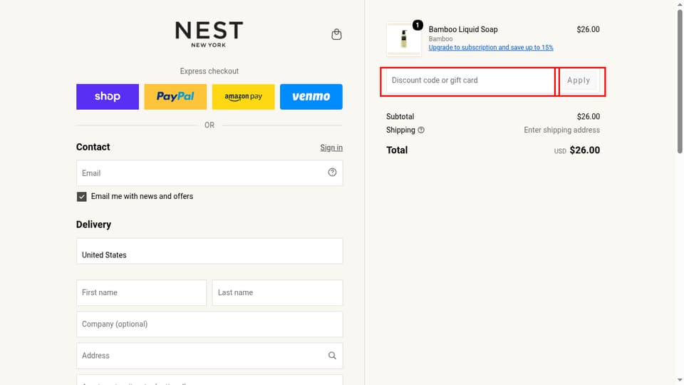 NEST New York checkout page showing the Discount code or gift card field and Apply button