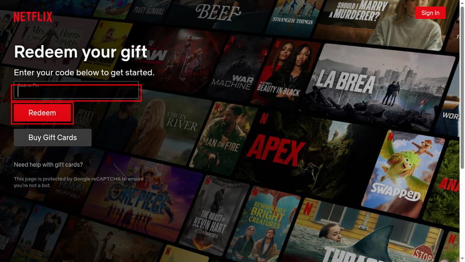 Netflix checkout page showing the Code or Pin field and Redeem button