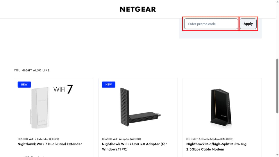 NETGEAR checkout page showing the Enter promo code field and Apply button