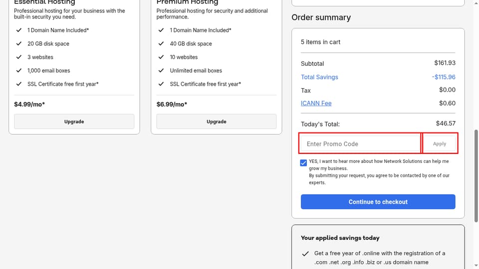 Network Solutions checkout page showing the Enter Promo Code field and Apply button