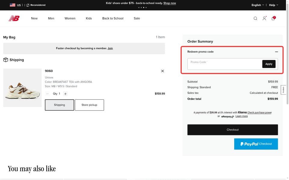 New Balance checkout page showing the Promo Code field and Apply button