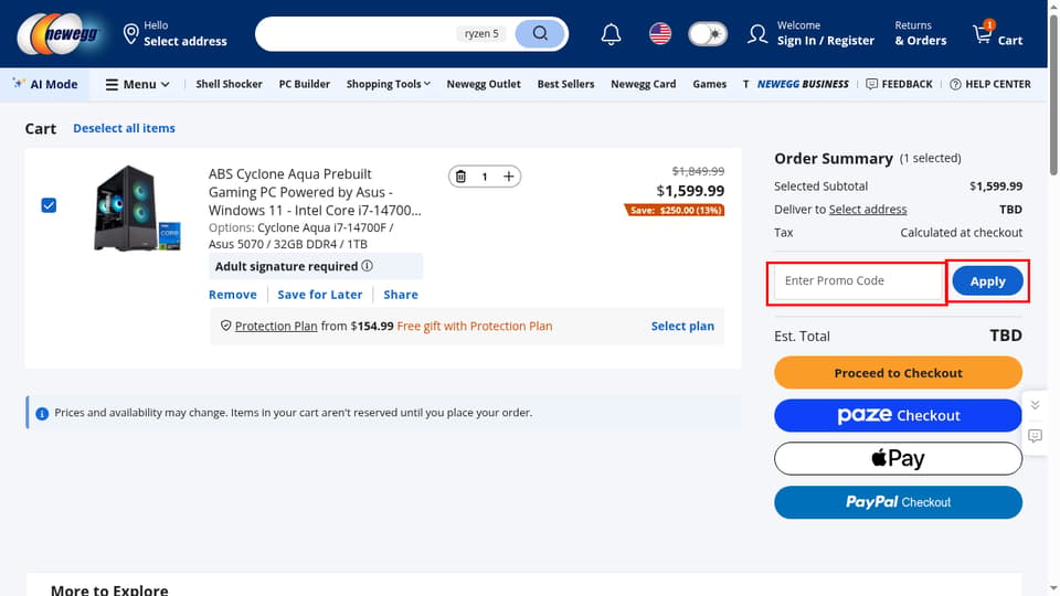 Newegg checkout page showing the Enter Promo Code field and Apply button