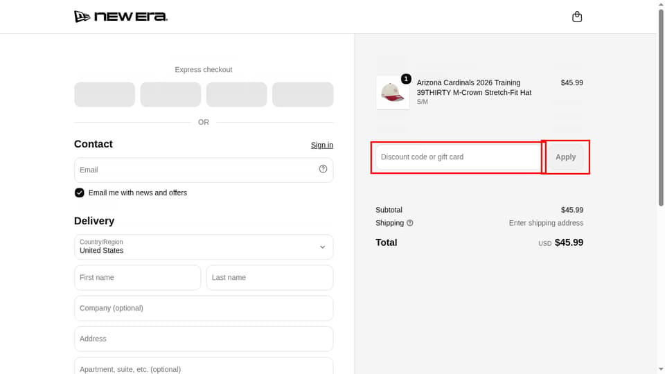 New Era Cap checkout page showing the Discount code or gift card field and Apply button