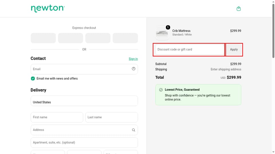 Newton Baby checkout page showing the Discount code or gift card field and Apply button