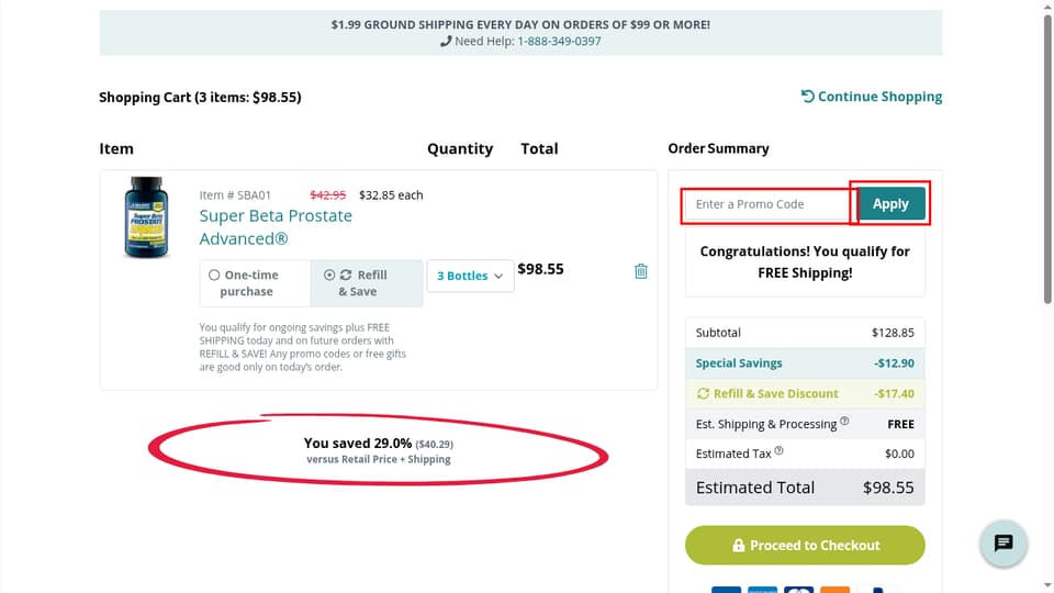 New Vitality checkout page showing the Enter a Promo Code field and Apply button