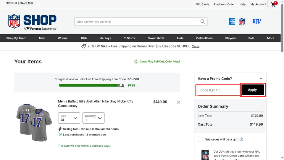 NFL Shop checkout page showing the Code (Limit 1) field and Apply button
