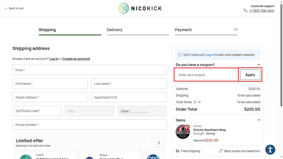 Nicokick checkout page showing the Enter your coupon field and Apply button