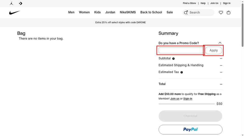 Nike checkout page showing the Enter a Promo Code field and Apply button