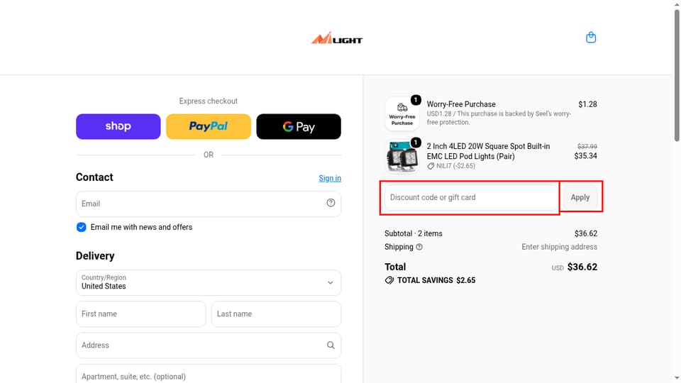 Nilight checkout page showing the Discount code or gift card field and Apply button
