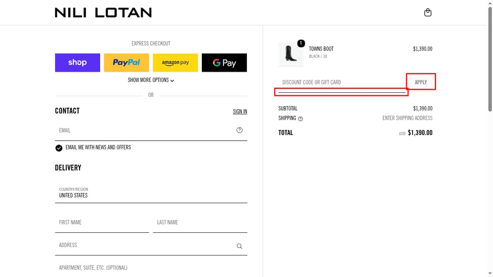Nili Lotan checkout page showing the Discount code or gift card field and Apply button