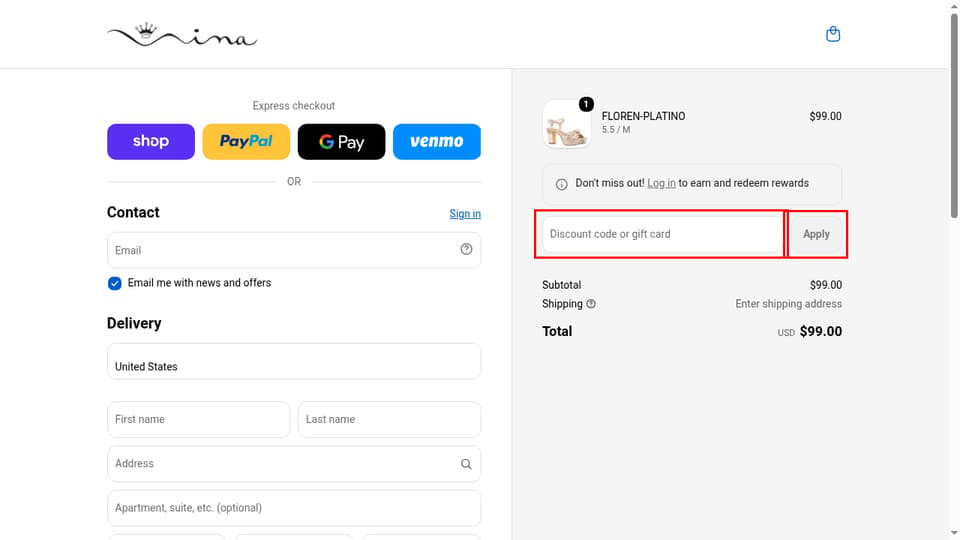 Nina Shoes checkout page showing the Discount code or gift card field and Apply button
