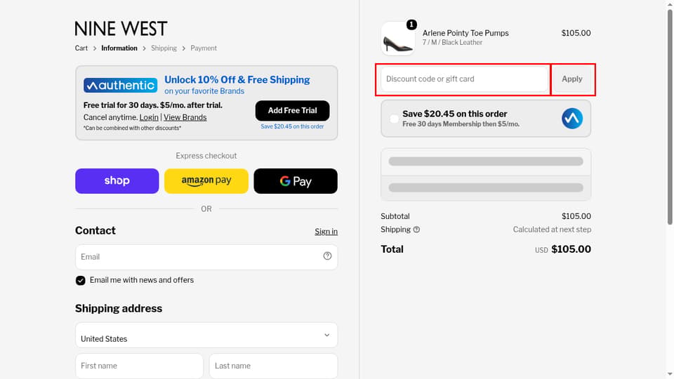 Nine West checkout page showing the Discount code or gift card field and Apply button