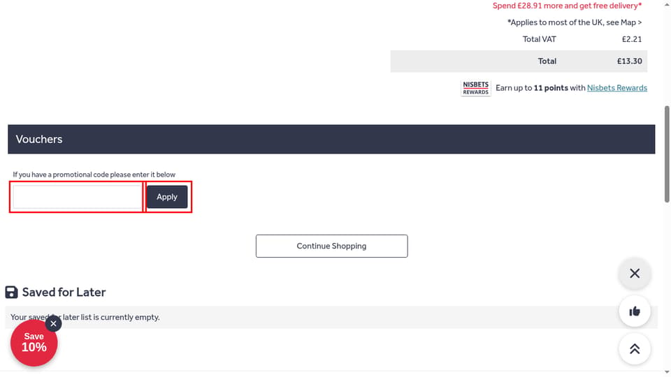 Nisbets checkout page showing the Vouchers field and Apply button
