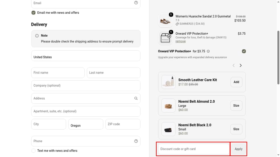 Nisolo checkout page showing the Discount code or gift card field and Apply button