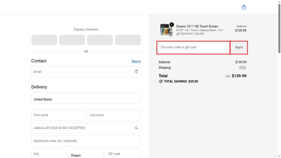Nixplay checkout page showing the Discount code or gift card field and Apply button