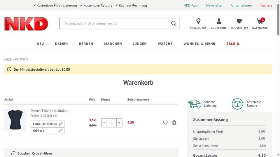 NKD checkout page showing the Code eingeben field and Einlösen button