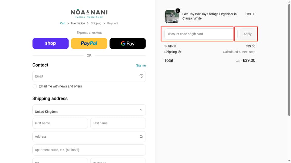 Nöa & Nani checkout page showing the Discount code or gift card field and Apply button
