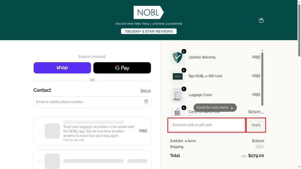 NOBL Travel checkout page showing the Discount code or gift card field and Apply button