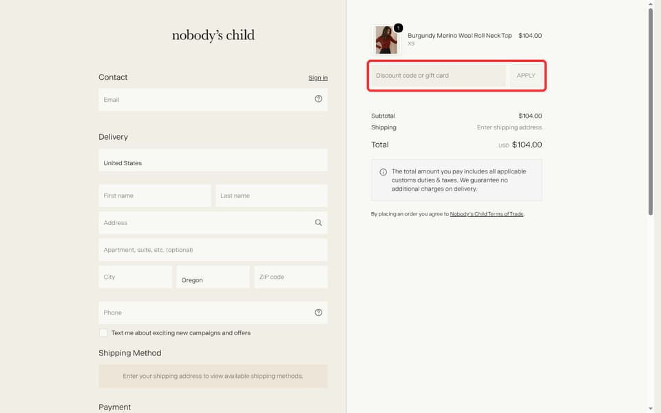 Nobody's Child checkout page showing the Discount code or gift card field and Apply button