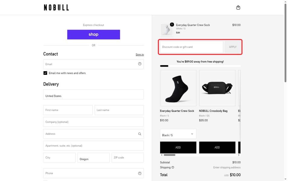 NOBULL checkout page showing the Discount code or gift card field and Apply button