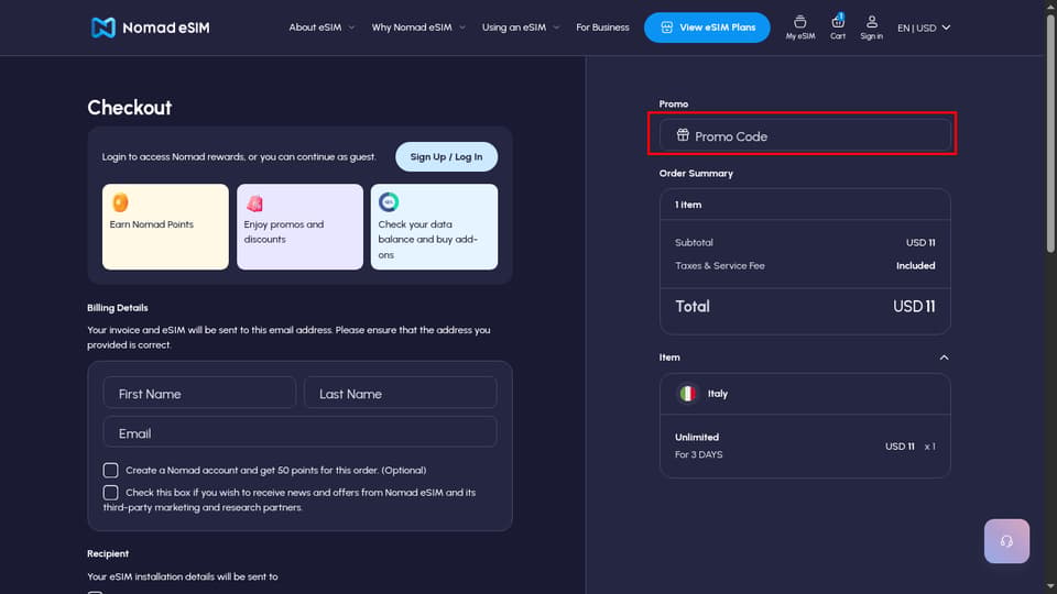 Nomad eSIM checkout page showing the Promo Code field and Apply button