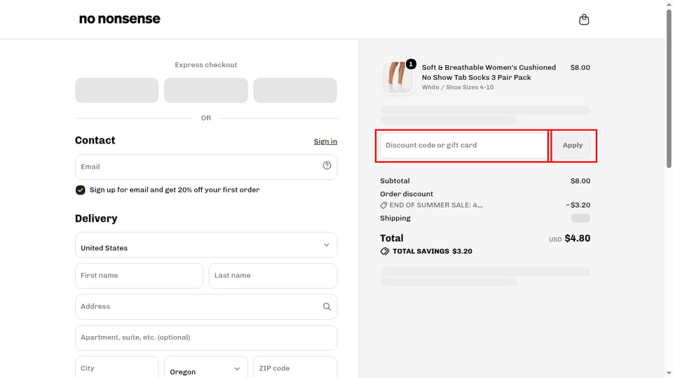 No nonsense checkout page showing the Discount code or gift card field and Apply button