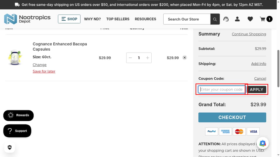 Nootropics Depot checkout page showing the Enter your coupon code field and Apply button