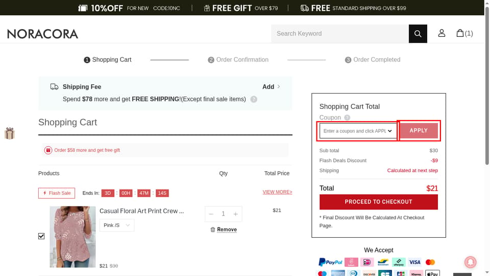 NORACORA checkout page showing the Enter a coupon and click APPLY field and APPLY button